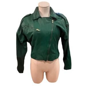 Women's 1980's AVON FASHIONS Kelly Green Leather Jacket Size 11/12. Biker Moto